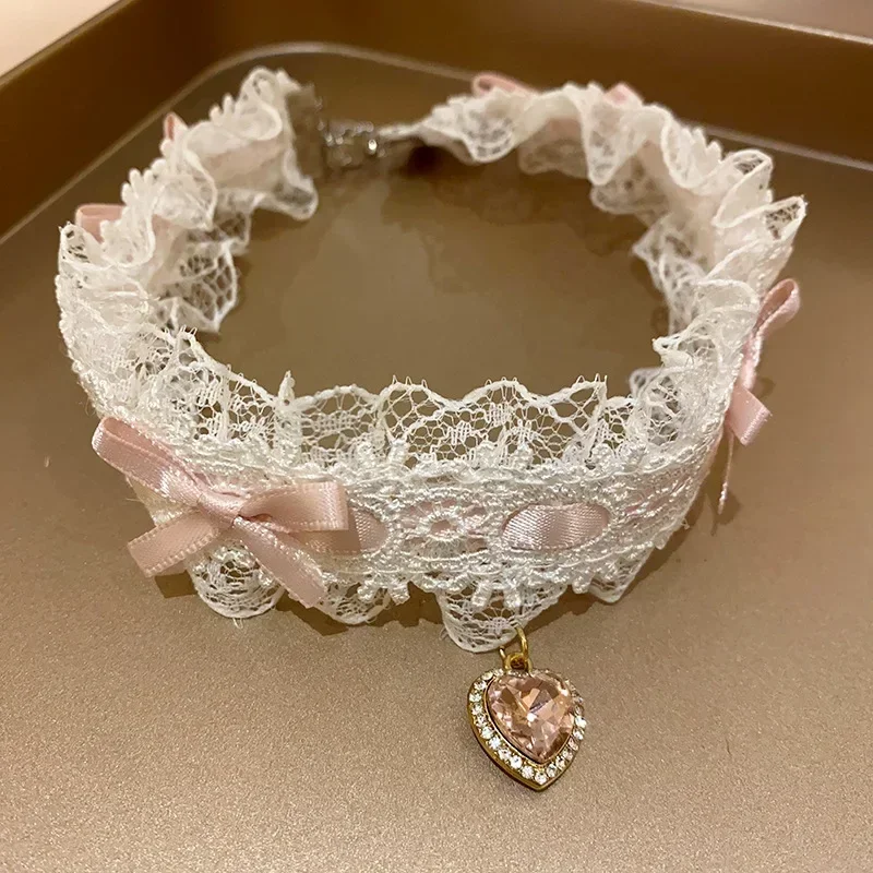 Sexy Lace Collar Necklace Women's Fashion Pink And Black Heart Bow Knot Choker Necklace Gothic Lolitas Jewelry Girls Gifts