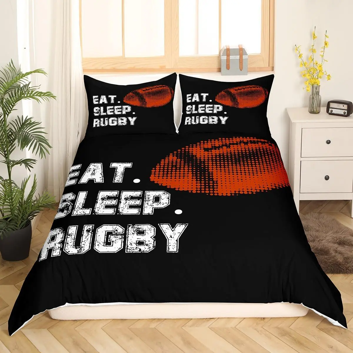 Eat Sleep Rugby Duvet Cover Set Single Size Sports Theme Bedding Set With 1 Pillowcase For Boys Teens Young Man