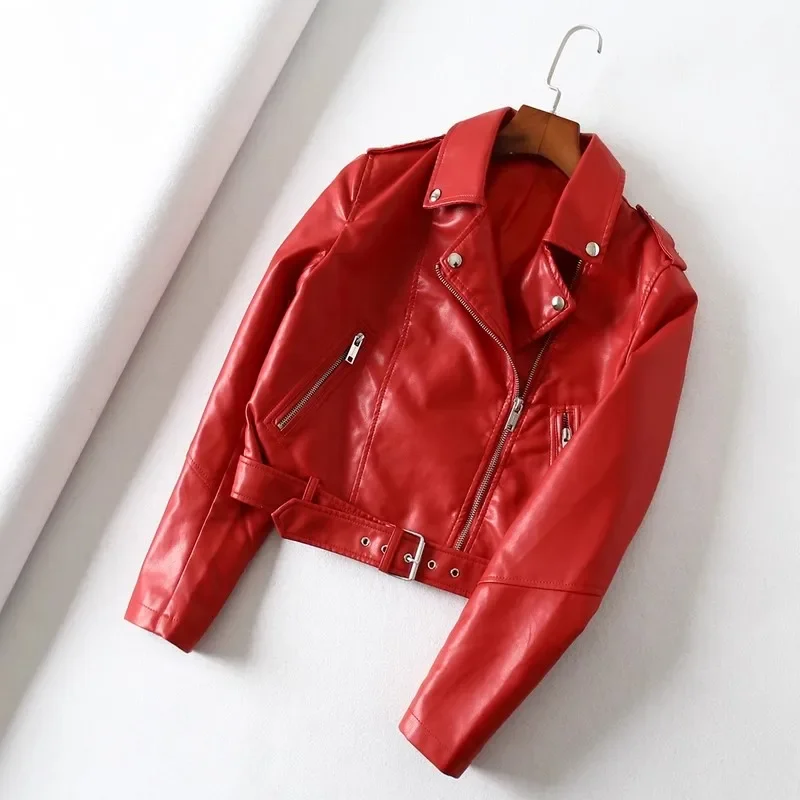 Women\'s Belted PU Leather Jacket Coat Buckle Short Faux Leather Female Motorcycle Jacket Coat