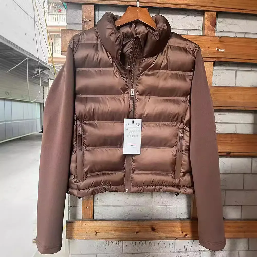 Women Fashion Patchwork Cropped Thick Warm Padded Jacket Coat Vintage Long Sleeve Front Zipper Female Outerwear Chic Tops
