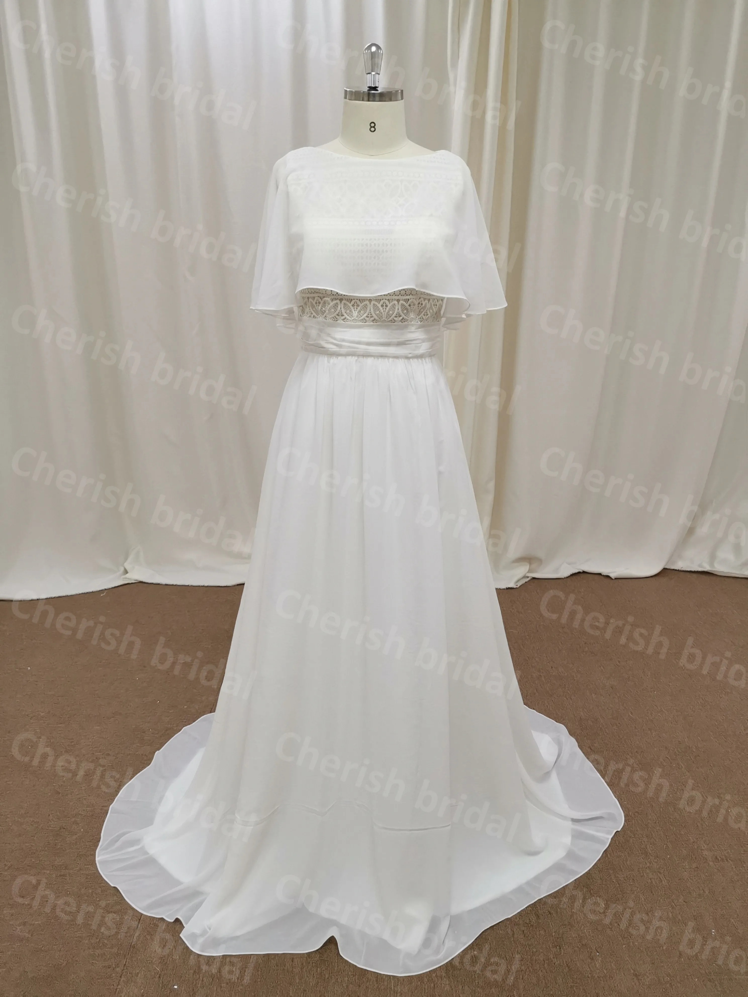 C5012A Simply Style Wedding Dress for Bride , Chiffon Lace A-line Bridal Gown Women Dresses Zipper Back