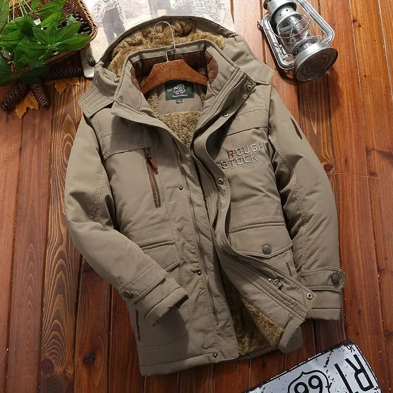 Multi-bolso velo dos homens forrado exterior Parka casaco, casaco de inverno quente grosso, blusão com capuz, Outerwear militar, tamanho grande