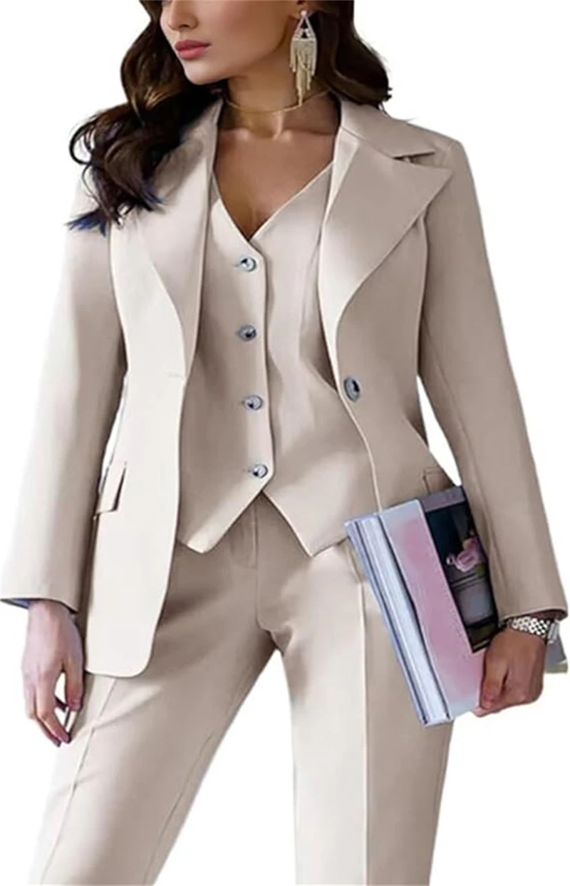 Traje elegante de 3 piezas para mujer, trajes de oficina de negocios para mujer, trajes casuales de esmoquin ajustados para mujer (Blazer + chaleco + pantalones)