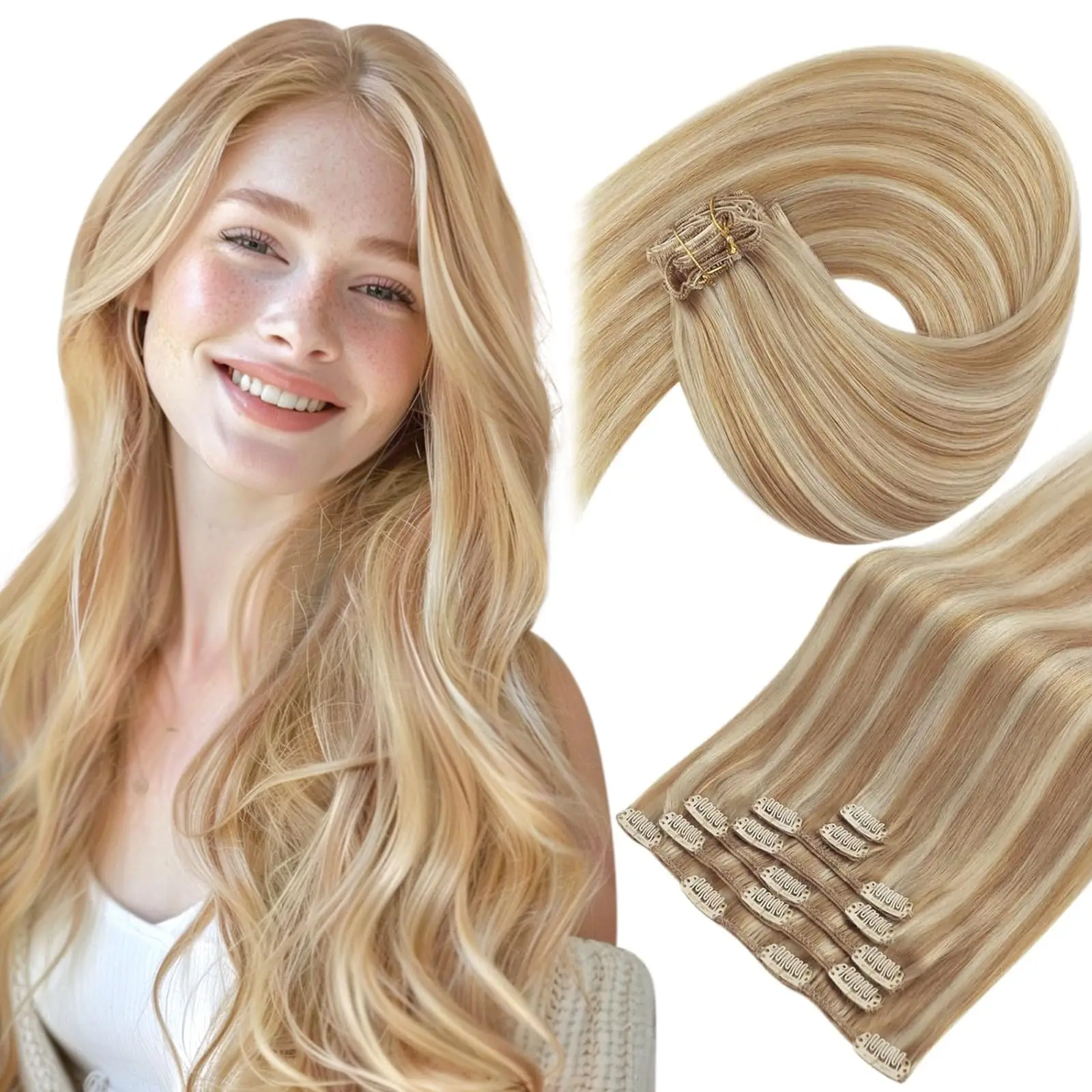 

Human Hair Clip In Extensions 7 Pieces 22inch #613 For Birthday Party Celebration Look