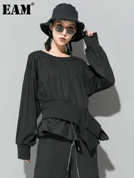 [EAM] Loose Fit Black Irregular Cross Sweatshirt New Round Neck Long Sleeve Women Big Size Fashion Spring Autumn 2024 1DA866