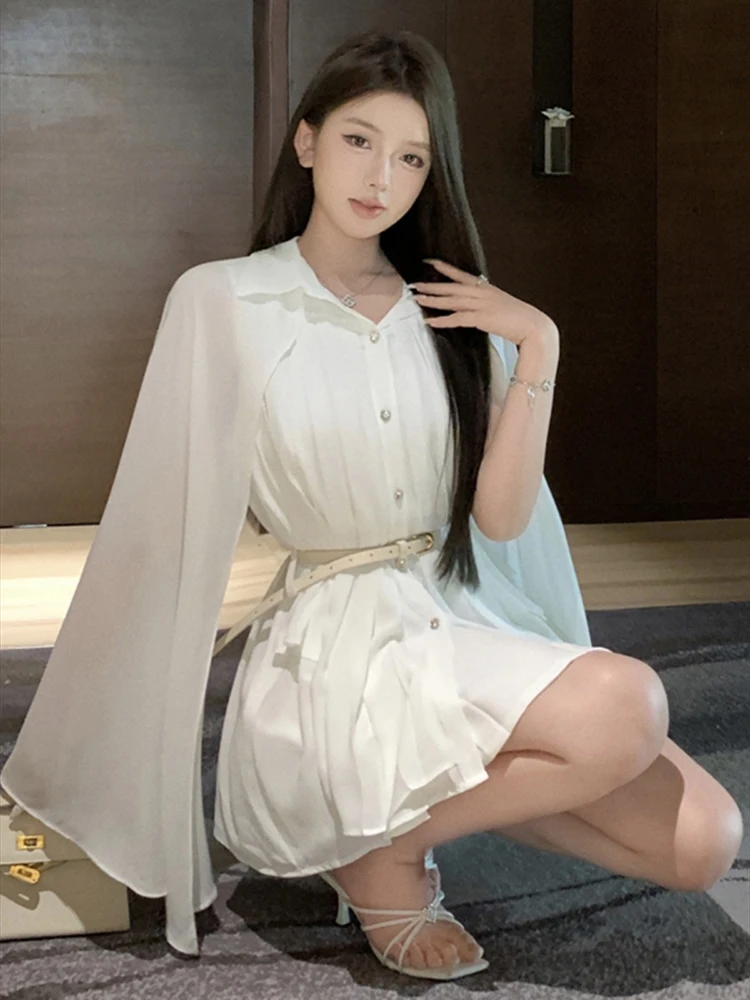 Sexy Loose Pleated Chiffon Shirts Women Design Inspired Cape Shawl White Shirt Waist Belt