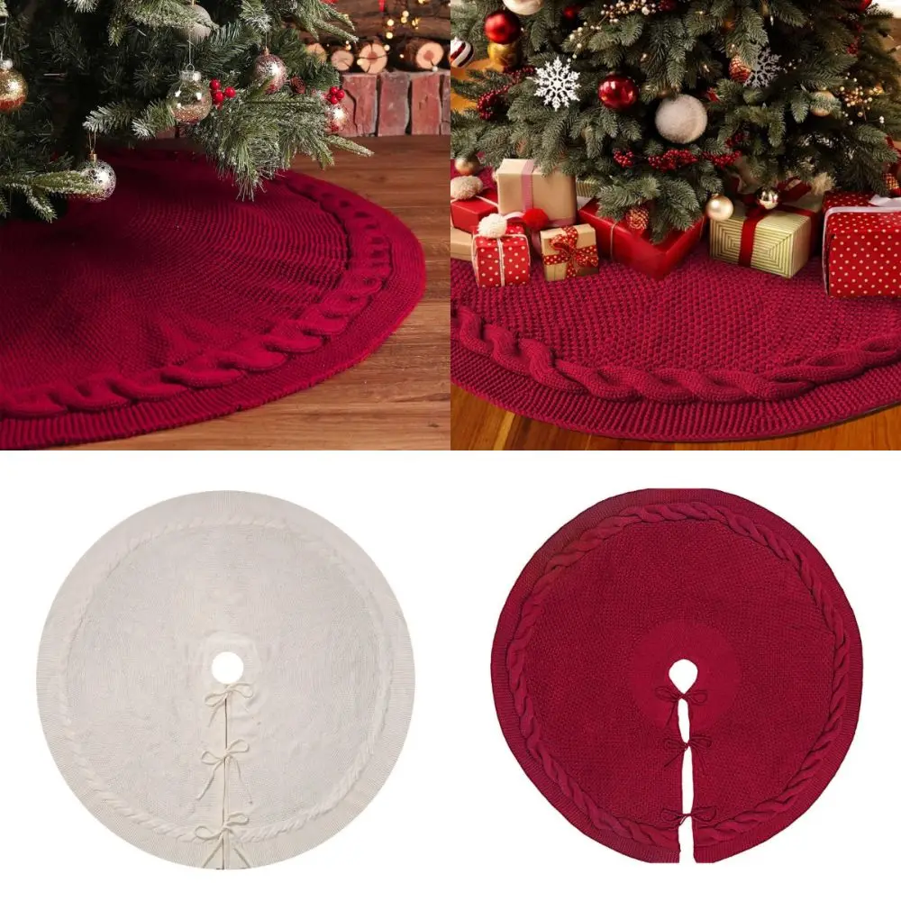 

Cable Knitted Christmas Tree Skirt Red Cream Rustic Xmas Tree Base Cover Home Decorations Round Thicken Christmas Tree Decor