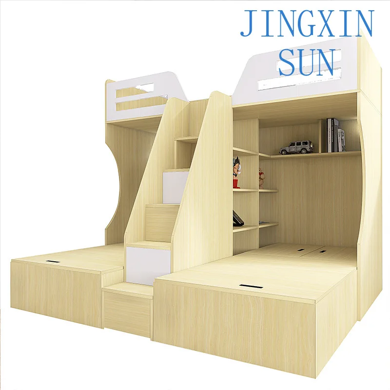 Multifunctional Large Capacity Storage Childrens Bed with Interlaced Design for Siblings to Use On and Off Bed for Kids Room