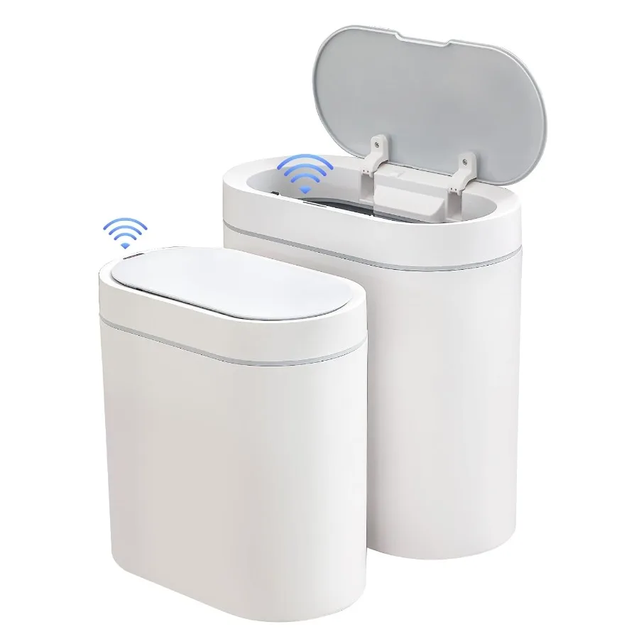 ELPHECO 2 Pack Bathroom Motion Sensor Trash can 2.5 Gallon + 2 Gallon Automatic Garbage Can Slim Plastic Smart Trash Bin with L