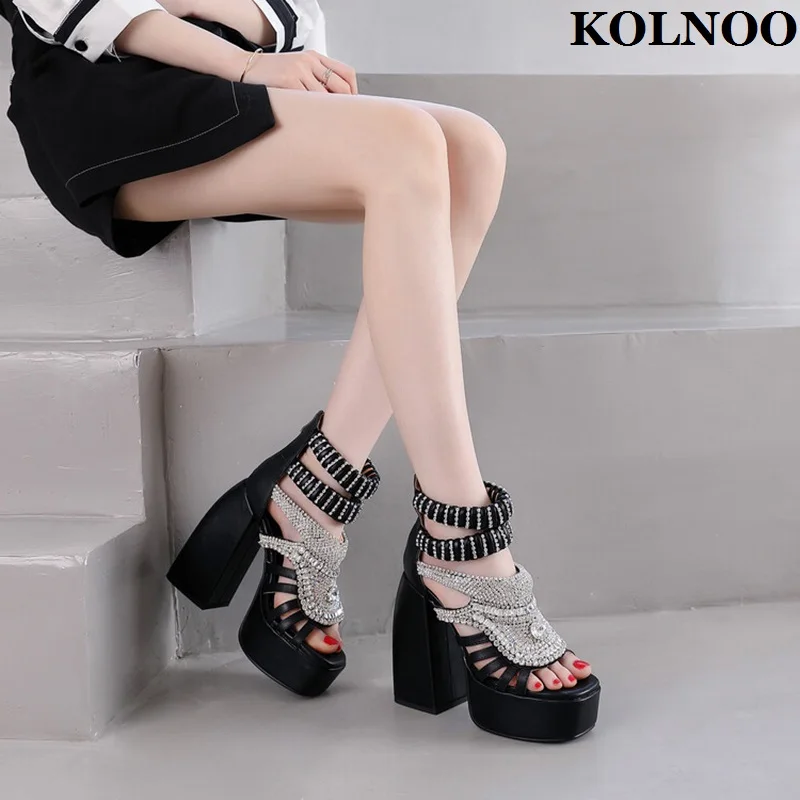 

Kolnoo 2022 New Arrival Handmade Chunky Heels Sandals Rhinstones Crystals Summer Shoes Evening Party Prom Fashion Black Shoes