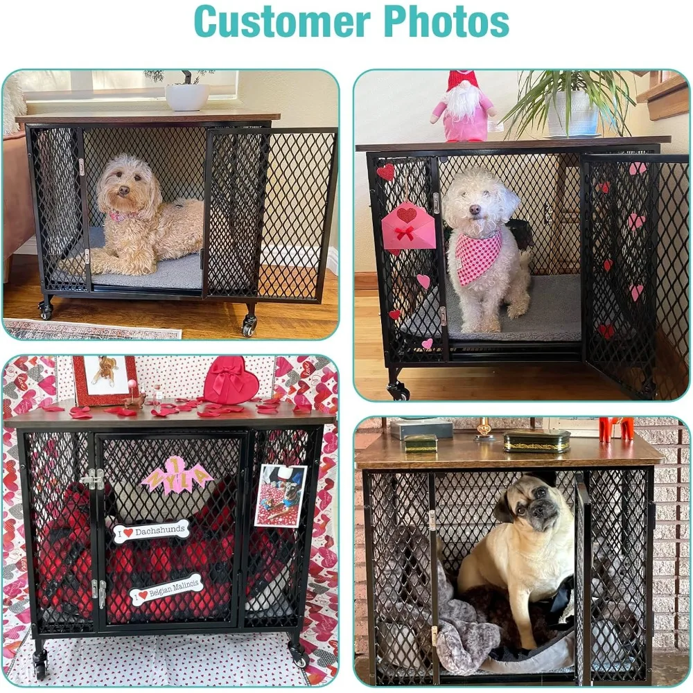 Indoor Dog Crate Furniture,Dog Kennel Movable Side End Table for Small Medium Large Dogs with Cushion, Tray, Wire,Rustic Brown (