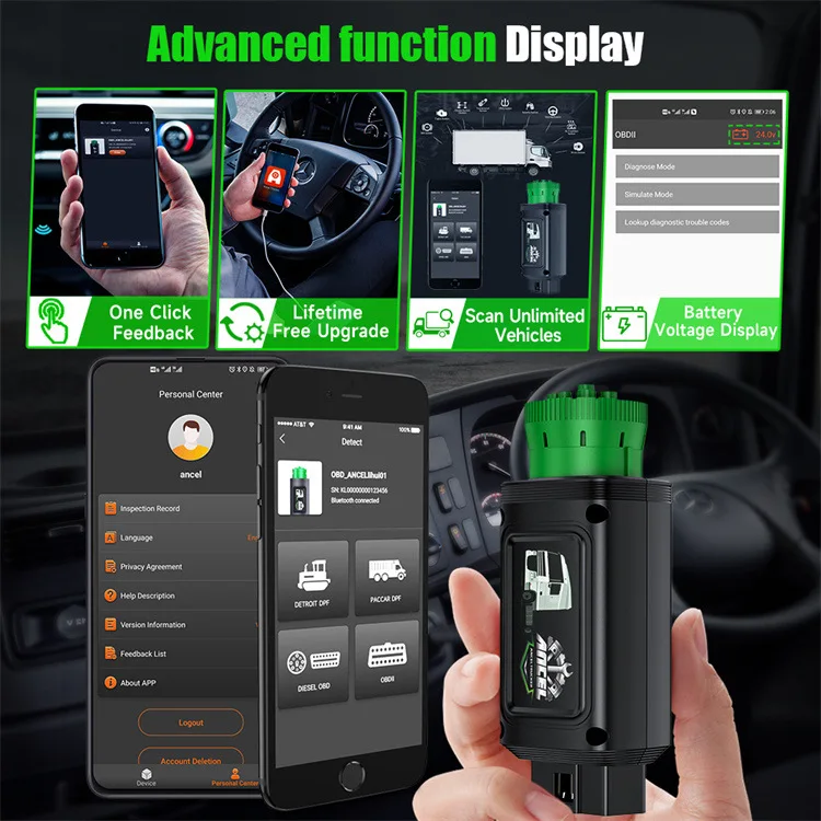 ANCEL HD100 Diesel Heavy Duty Truck Scanner Bluetooth All System DPF Regen 9/12 Pin Truck Diagnosis Tool for Cummins Caterpillar