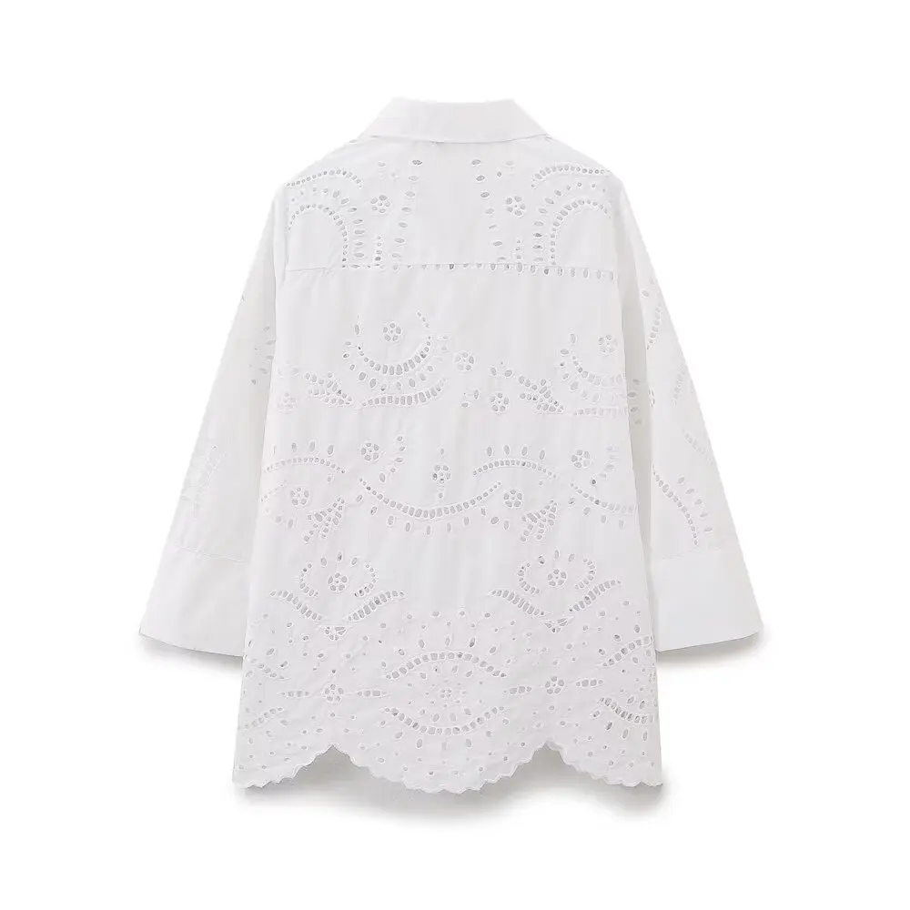 Tangada Women White Hollow Embroidery Cotton Shirt 2024 Female Blouse Tops 6H0274