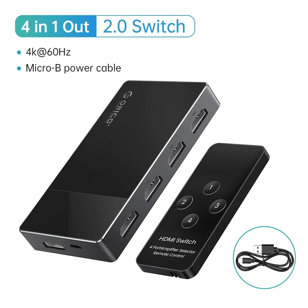ORICO USB HUB HDMI-compatibele 2.0-schakelaar 3-in-1 aluminium switcher 4k @ 60HZ voor TV PS5 Xbox PC Fire Stick met IR-afstandsbediening