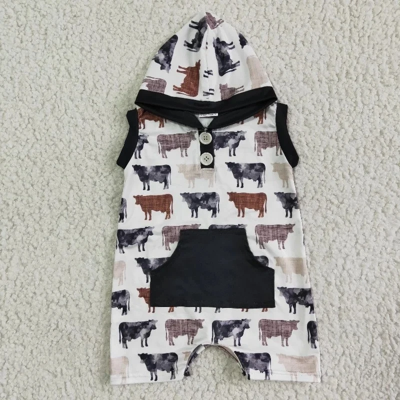 

Newborn Western Cow Hoodie Romper Summer Baby Boy Clothing Pocket Jumpsuit Wholesale Kids Toddler Sleeveless One-piece Clothes