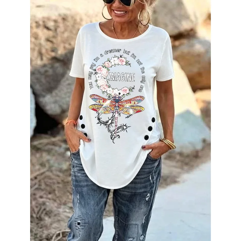 ilstile Women's Hippie Flower Print T-Shirts Summer Short Sleeve Casual Loose Round Neck IrregularTops Tees