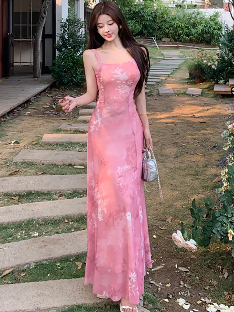 2025 Roze Mesh Bloemen Sexy Sling Lange Jurk Zomer Elegante Casual Vakantie Jurk Vrouwen Nieuwe Koreaanse Mode Bodycon Een Stuk Jurk