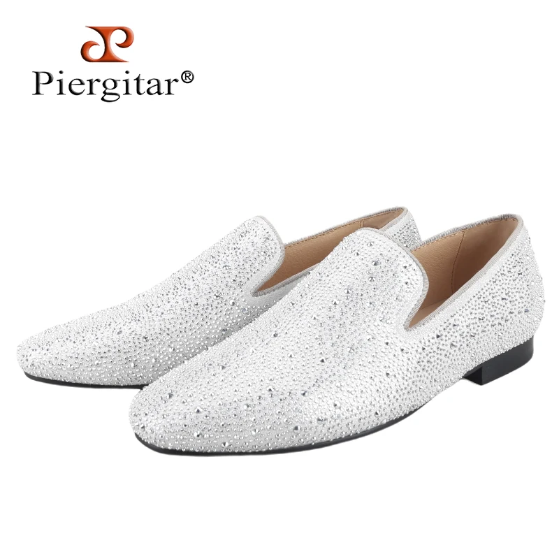 

Мужские лоферы из натуральной кожи Piergitar Silver с яркими и блестящими стразами ручной работы для модной вечеринки/банкета с красной подошвой