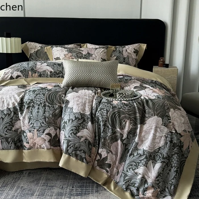 HXL Autumn and Winter Quilt Tencel Cotton Brushed Thickened Quilt Set with Four-Piece Duvet Cover