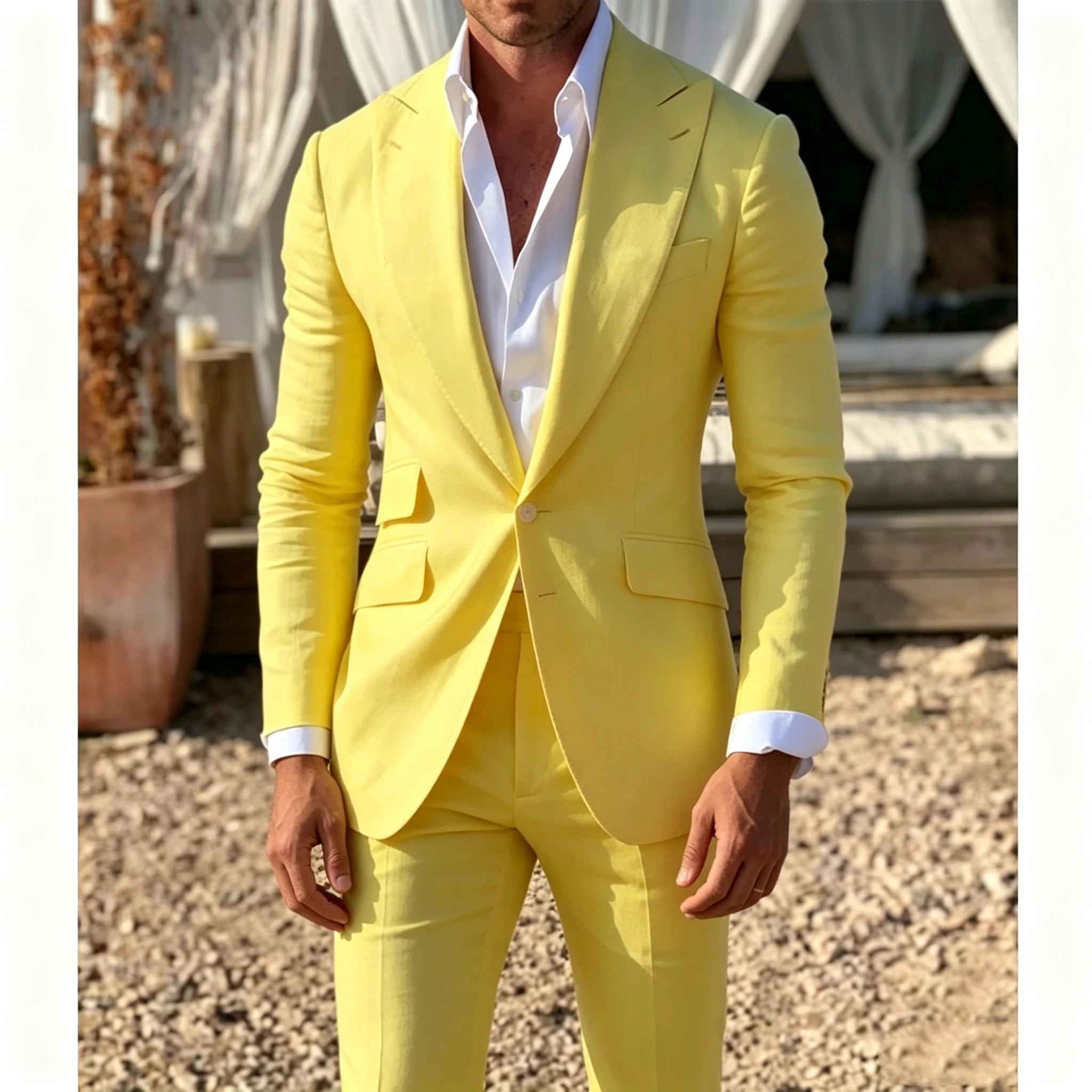 

2 Pieces Wedding Suits for Men Yellow Peaked Lapel Single Breasted Blazer Pants Set Groom Tuxedos Prom Costume Homme Outfits