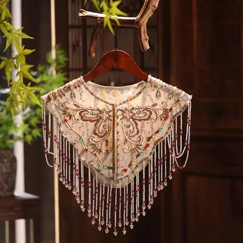 Women's Spring Summer Vintage Embroidery Tassel Bow Pashmina Female Autumn Winter Chinese Vintage Shawl Cloak Collar R996