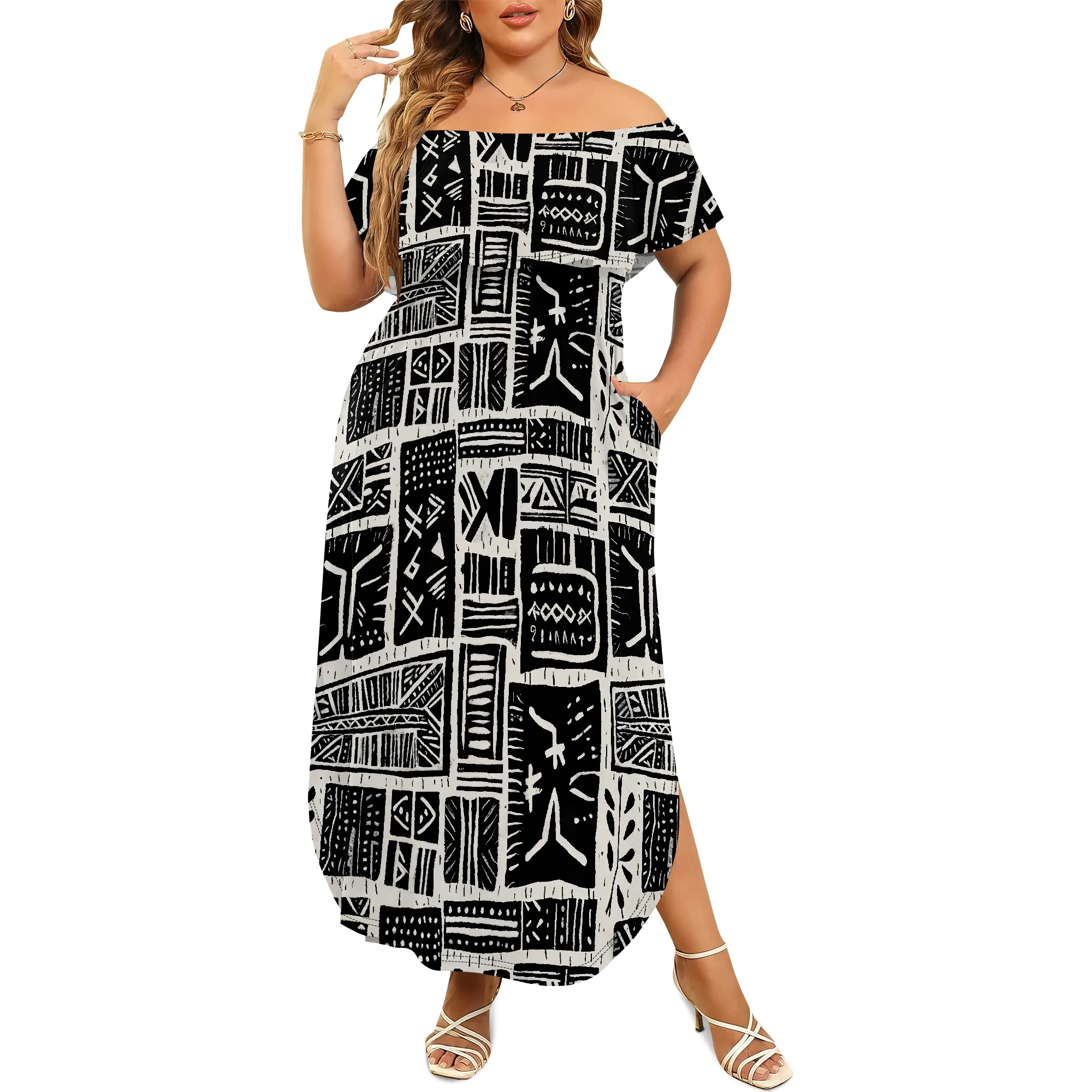 

Plus Size Off The Shoulder Maxi Long Casual Beach Dress Pockets Women