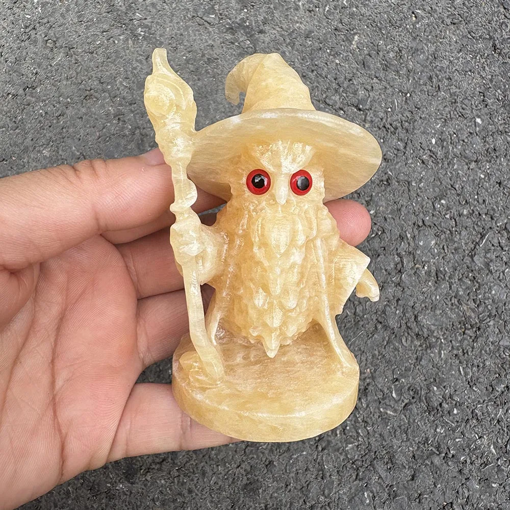 Custom-Natural Calcite Wizard Figurine, 9cm - Gemstone Fantasy Wizard Statue Tabletop Decor for Healing and Spiritual Protection