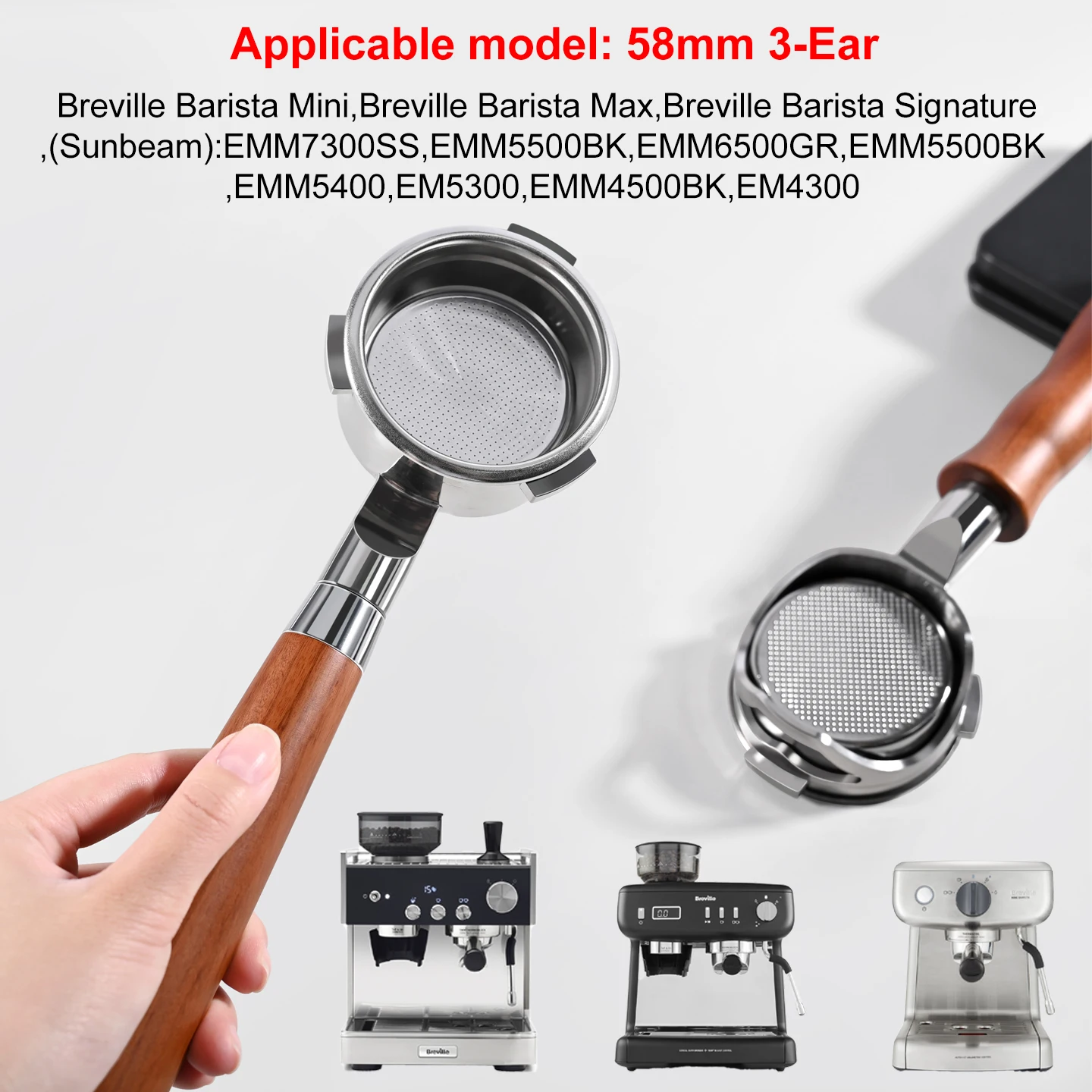 Portafiltro sin fondo para café, con 3 orificios, de 58 mm, para máquinas de espresso Breville Barista Mini/Max/Signature Sunbeam EM4300/5300/EMM5400BK.