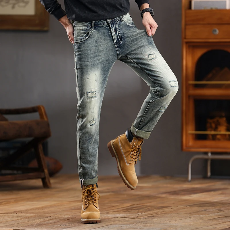 European and American retro distressed jeans men's slim fit small feet ripped casual pants skinny denim jeans streetwear men