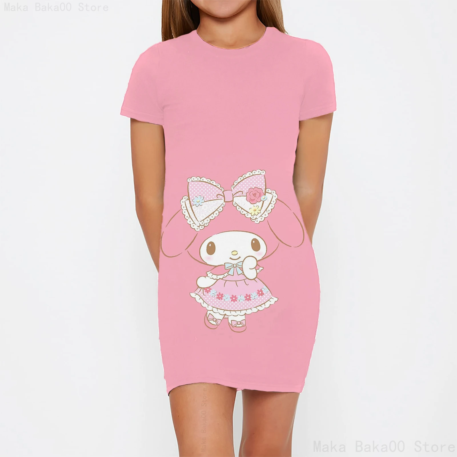 Sanrio mymelody Melody printed short-sleeved dress sweet cute cartoon casual comfortable tight home dress girl clothing