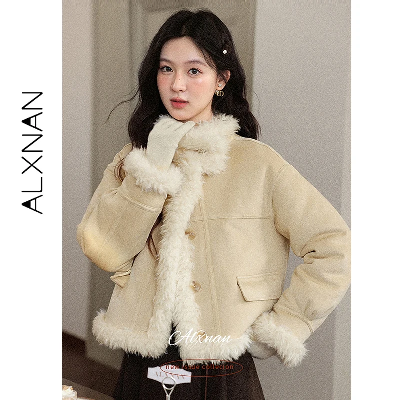 

ALXNAN Winter Jacket Women Yellow Shearling Fur Lined Thick Warm Coat Loose-fit Short Windproof Reversible Outwear Female L59755