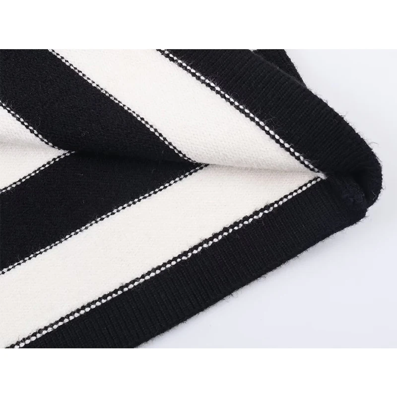 Black White Striped Knit Cardigan For Women Front Button O Neck Long Sleeve Casual Coat Chic Lady Autumn Winter Outerwear