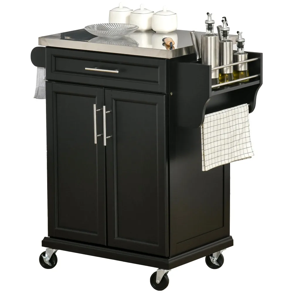 Kitchen Island on Wheels with Stainless Steel Countertop Black | Rolling Kitchen Cart, Drawer, Towel Rack and Spice