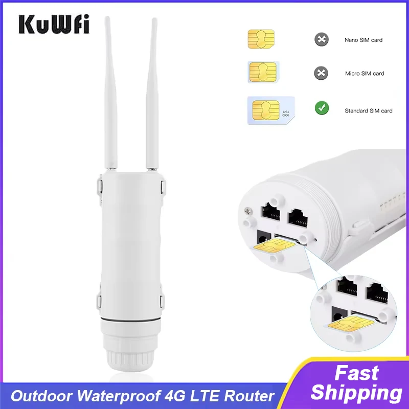 

KuWfi CAT4 Outdoor 4G LTE Router 300Mbps 2.4GHz Wireless Wifi Router Detachable Antenna Modem Support USIM Slot 64 Users IP66