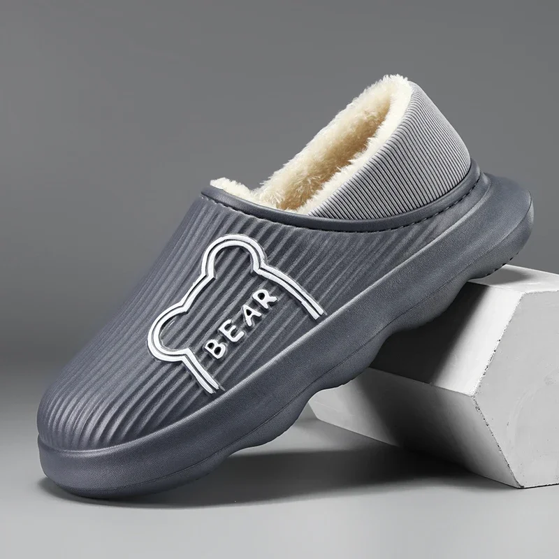 

Winter Men Cotton Slippers Man Warm Non-Slip Thick Bottom Slides Soft Home Shoes Plush Men Outdoor Slipper