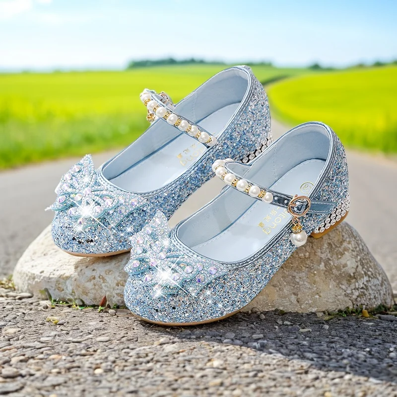 Princess Girls High Heels New 2025 Children With Blue Dance Single Girl Crystal Shoes Bowknot Rhinestone Beaded Leather Shoes