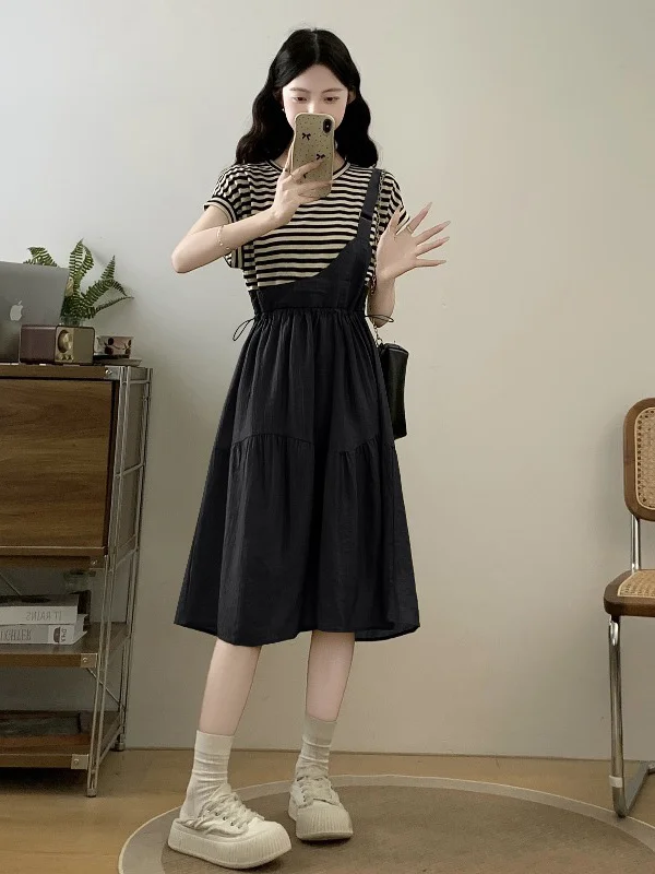 High Waist A-Line Midi Dress with Drawstring Waist Slimming Stripes Two-Piece Look Frock for plus Size Women Summer Commute