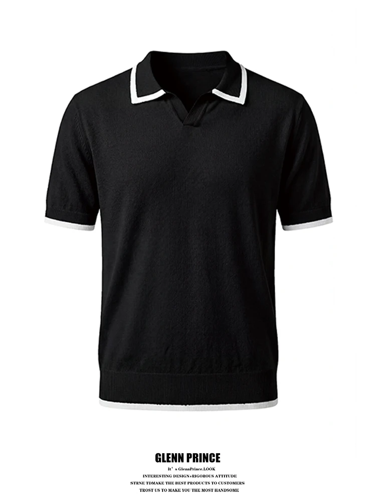 

GPstudio Korean Style Knitted Shirt Men's Summer New Elegant Turn-down Collar T-shirt Color Block Classic Preppy Fashion