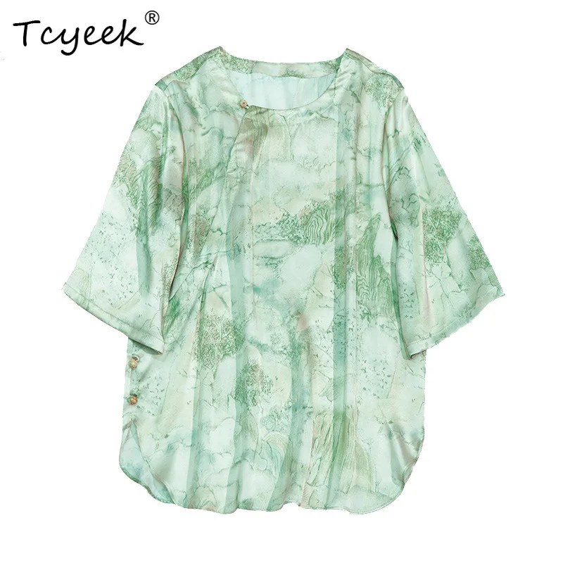

Tcyeek, 100%Real Silk Elegant Shirt, Women Short Sleeve O Neck Ink Print, Commute Fashion Blouses, 2024 Summer Autumn T47962QM