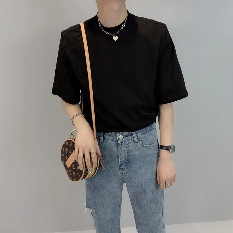 

EBAIHUI Solid Black Shoulder Pad Short Sleeved T-shirt Summer Small Neckline Design Men T Shirt Simple Versatile Casual Tee