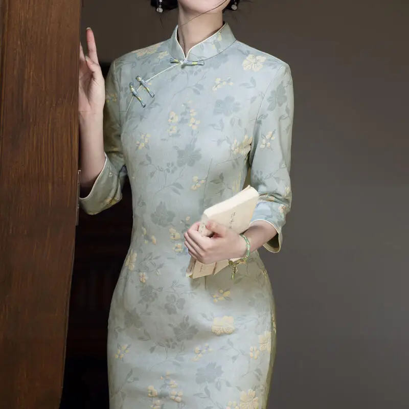 

Elegant Jacquard Flower Qipao Dress New Chinese Style Chesongam Women Sexy Hanfu Robe Mandarin Collar Vestidos Chinese Dress