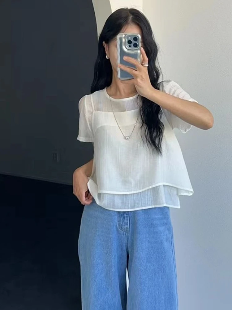 여성 여름 신상 부드러운 스타일 라운드넥 버블 소매 셔츠 쉬폰 탑 투피스 세트 텍스처감 있는 반팔 블라우스