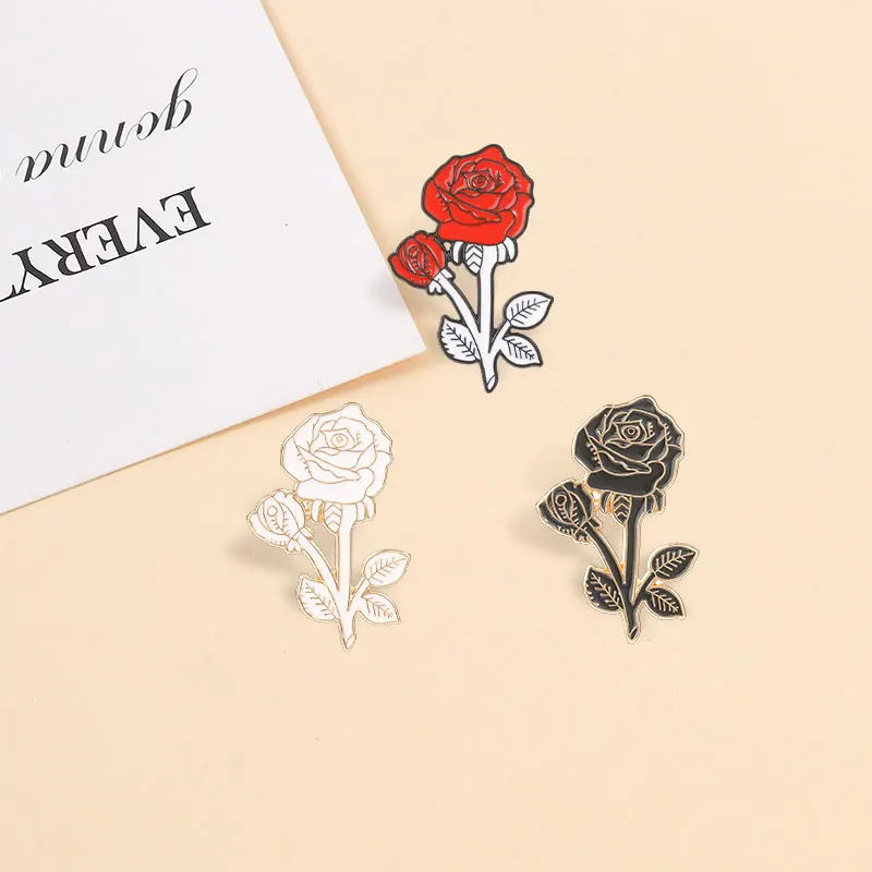 Cute Rose Flower Enamel Pins Retro Floral Plant Black Red White Rose Brooches Lapel Backpack Badge Fashion Jewelry Gifts 4