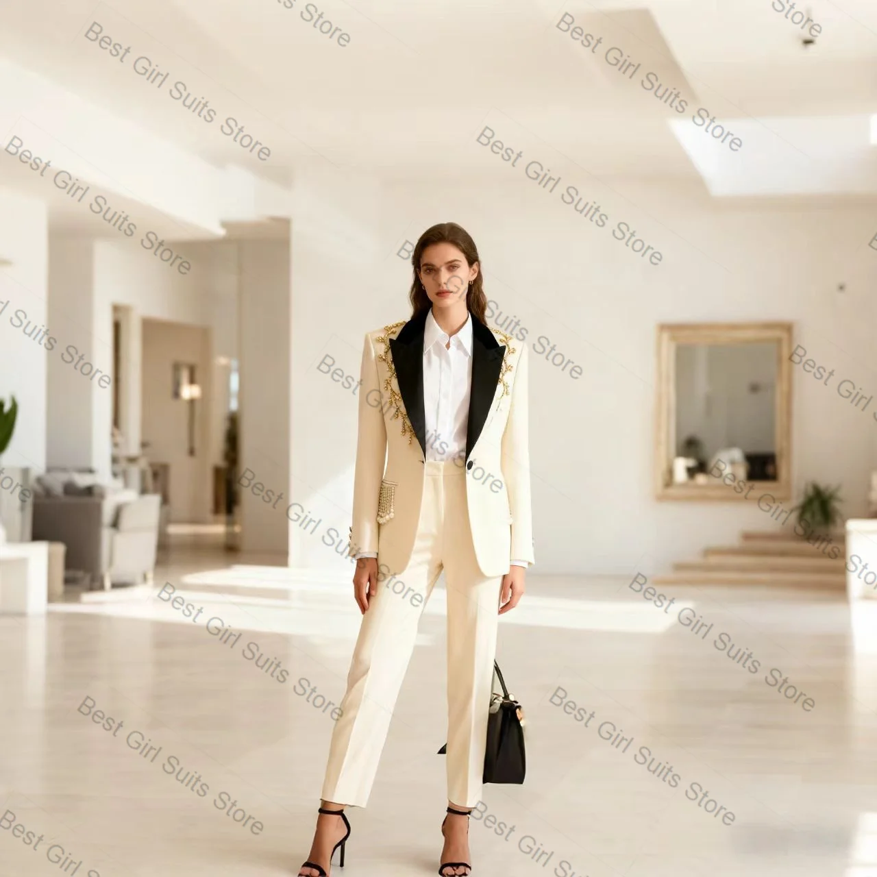 

White Crystals Pearls Women Suit Set 2 Piece Blazer+Pants Trousers Cotton Formal Office Lady Jacket Customized Prom Wedding Coat
