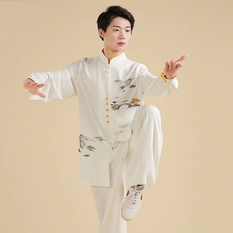 Men's Premium Printed Pearl Cotton Tai Chi Uniform - All-Season Martial Arts Practice & Baduanjin Performance Outfit (Unisex)