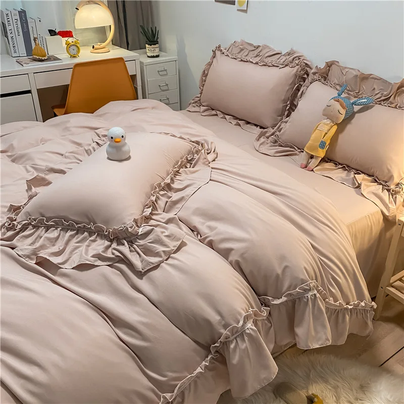 

Korean Princess Ruffled Washed Cotton Bedding Set Duvet Cover Bed Linen Dormitory Sheets Queen Kings Double Comforter Breathable