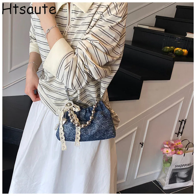 

Denim Summer Women Bags Hot Single Shoulder Crossbody Bag All-matched Single Bucket Bags MIni Handbag Long Stripe Clutches