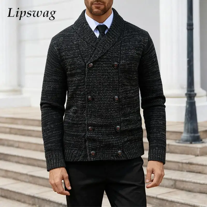 

Classic Double-breasted Lapel Sweatercoats Men Fall Winter Thickened Knit Cardigans Mens Vintage Solid Color Knitted Jacket Coat