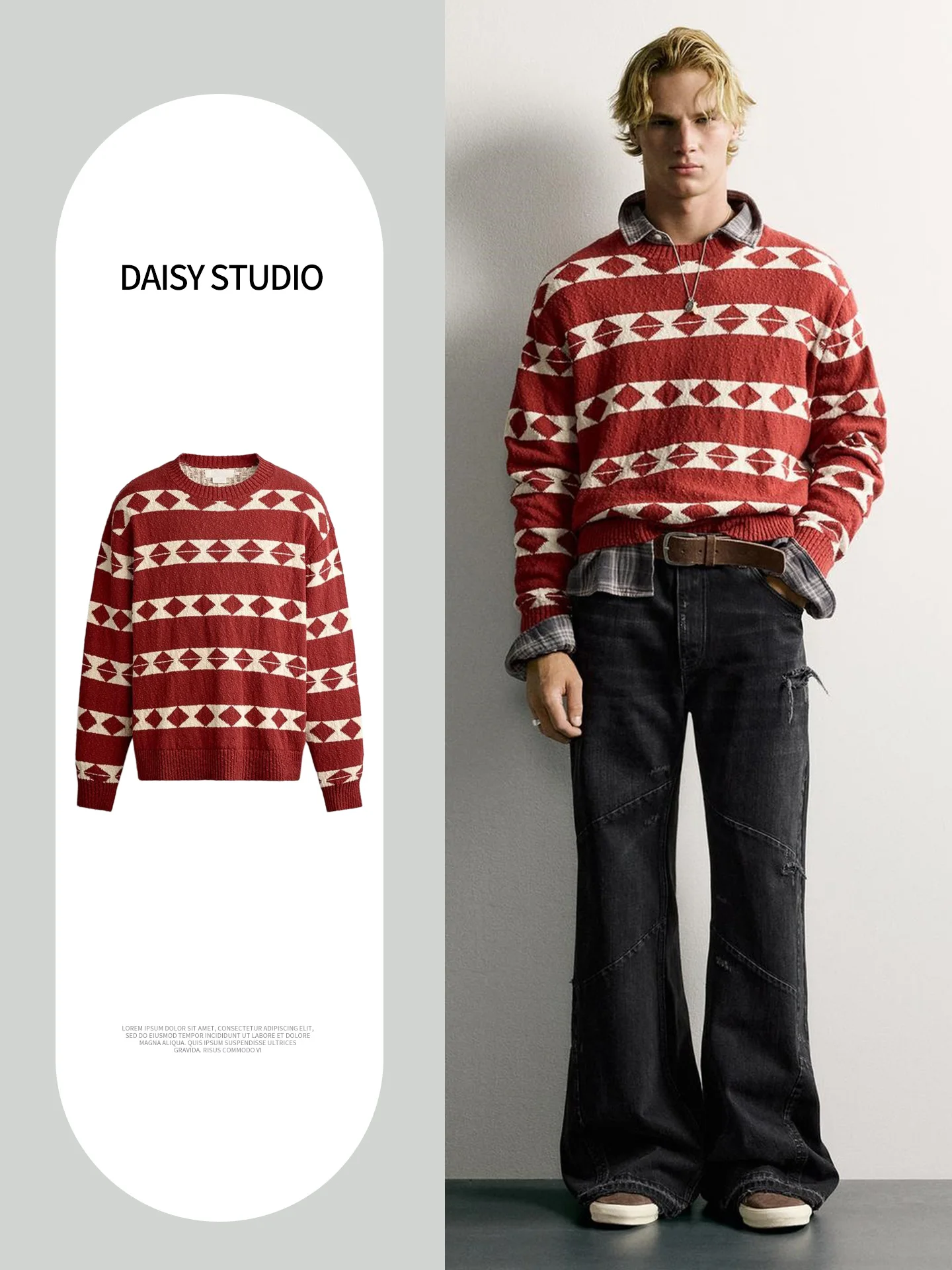 Retro Style Men's Knitted Sweater Long Sleeve round Neck Geometric Embroidery New Arrival Autumn Season Polyester Fiber