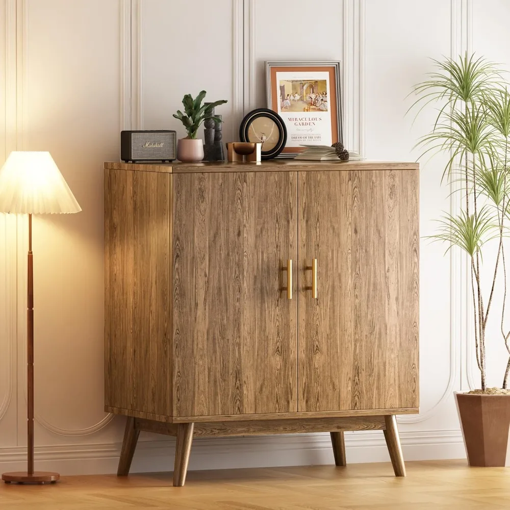 

Sideboard Buffet Storage Cabinet with Double Doors, Wine Bar Cabinet with Wine Rack and Glass Holder (Brown)